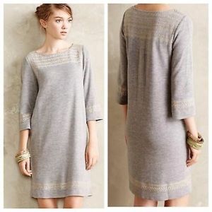 Anthropologie Grey Cotton Dress w/ Embroidery